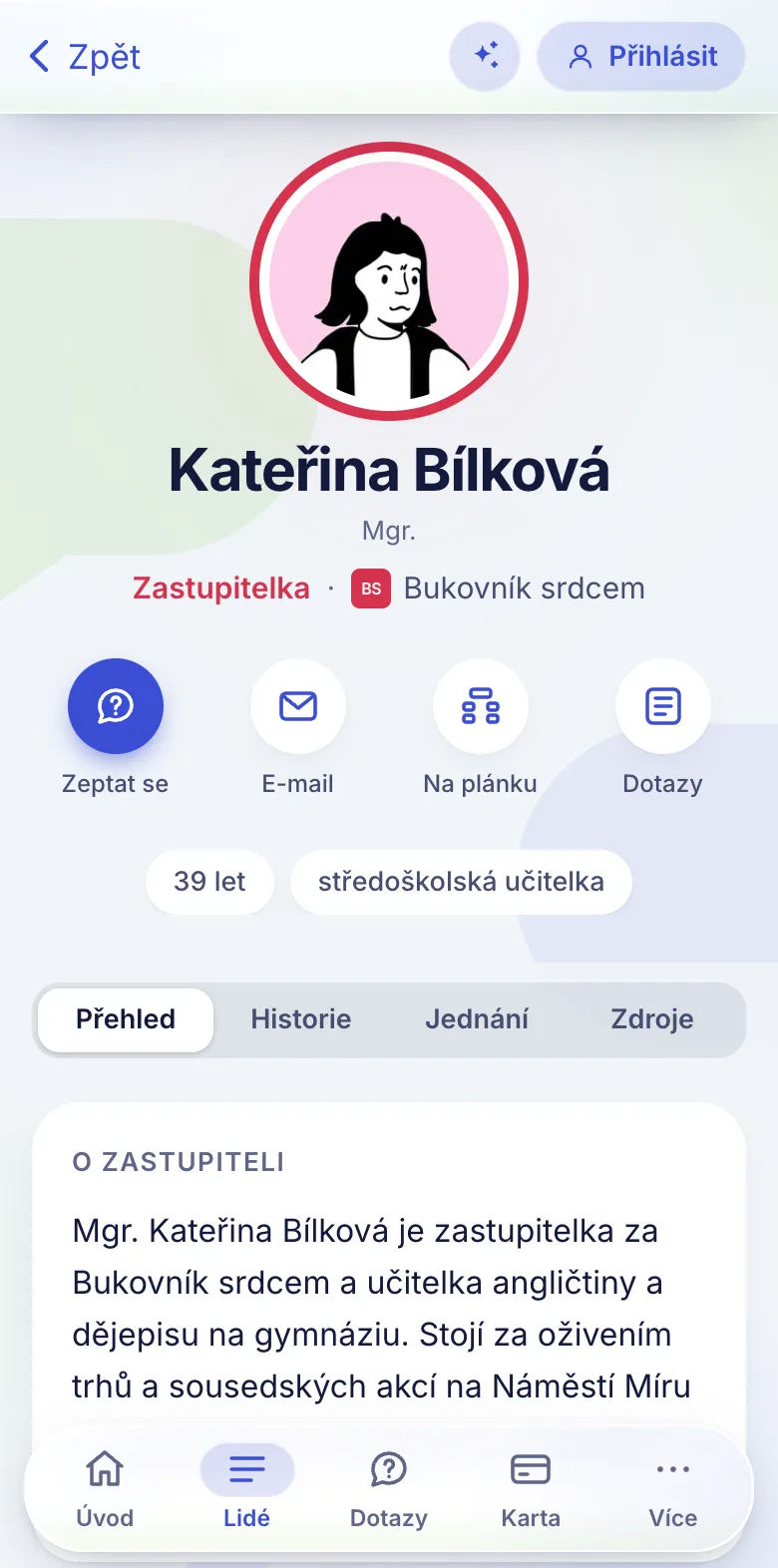 Profil zastupitelky s funkcemi a předloženými body